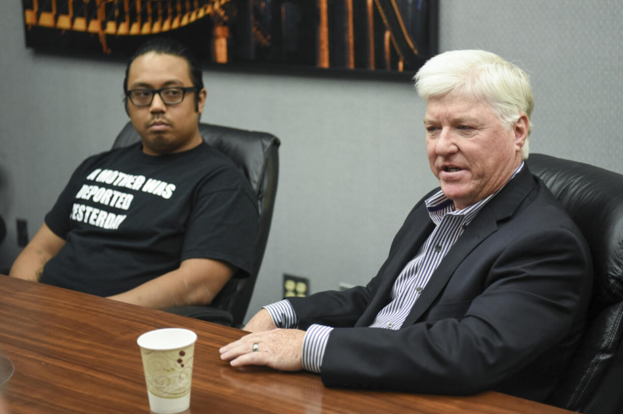 Candidates for the Vancouver School Board, Anthony Licerio, left, and Mark Stoker meet with The Columbian’s Editorial Board on Tuesday.