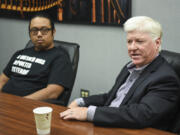 Candidates for the Vancouver School Board, Anthony Licerio, left, and Mark Stoker meet with The Columbian’s Editorial Board on Tuesday.