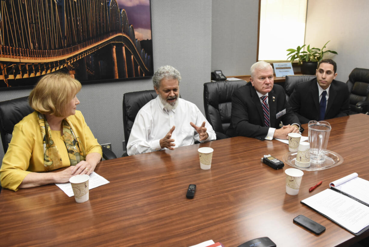 From left, candidates for Vancouver mayor, Anne McEnerny-Ogle, Greg Henderson, Steven Cox and Adam Hamide meet with The Columbian’s editorial board on Monday.