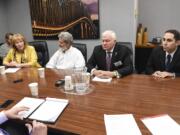 Candidates for Vancouver mayor, from left, Anne McEnerny-Ogle, Greg Henderson, Steven Cox and Adam Hamide meet with The Columbian's Editorial Board on July 3. Candidate John Carroll didn't respond to The Columbian's invitation.