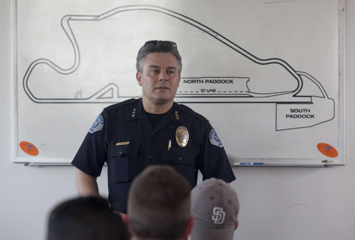 Vancouver Police Chief James McElvain speaks to other police officers during a training session in Portland in March 2015.