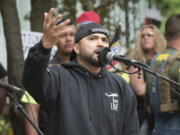 Vancouver conservative-libertarian activist Joey Gibson speaks during a June 4 rally in Portland. Gibson grew up in Camas, and became an organizer and activist while watching the 2016 presidential election.