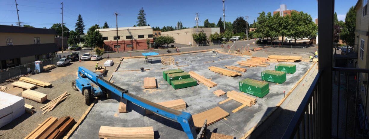 A photo taken from Open House Ministries’ shelter shows construction progressing at the future site of the Tod and Maxine McClaskey Family Resource Center.