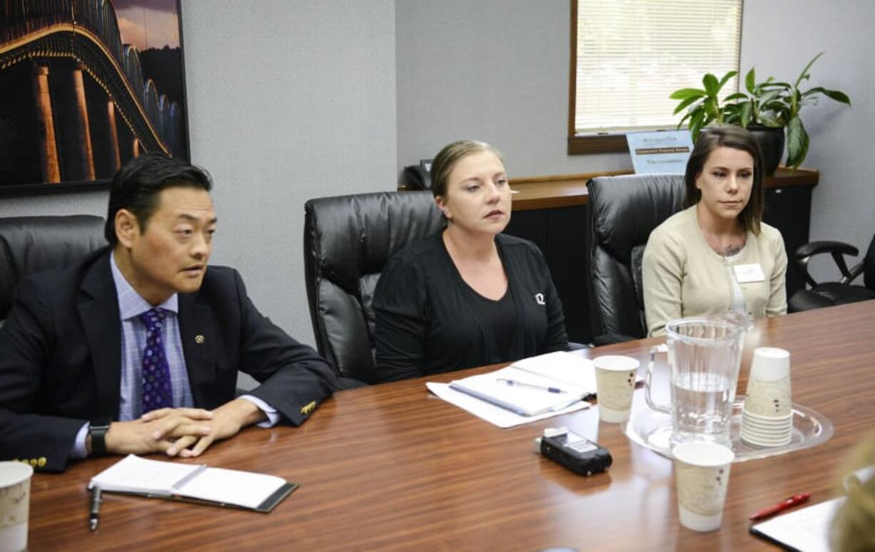 The Columbian's Editorial Board met with candidates for the Evergreen Public School, District 5, from left, Park Llafet, Ginny Gronwoldt and Janelle Tuominen on Wednesday.