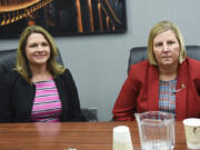 Candidates for the Evergreen Public Schools school board District 1 position Megan Miles, left, and incumbent Julie Bocanegra meet with The Columbian Editorial Board on July 6.