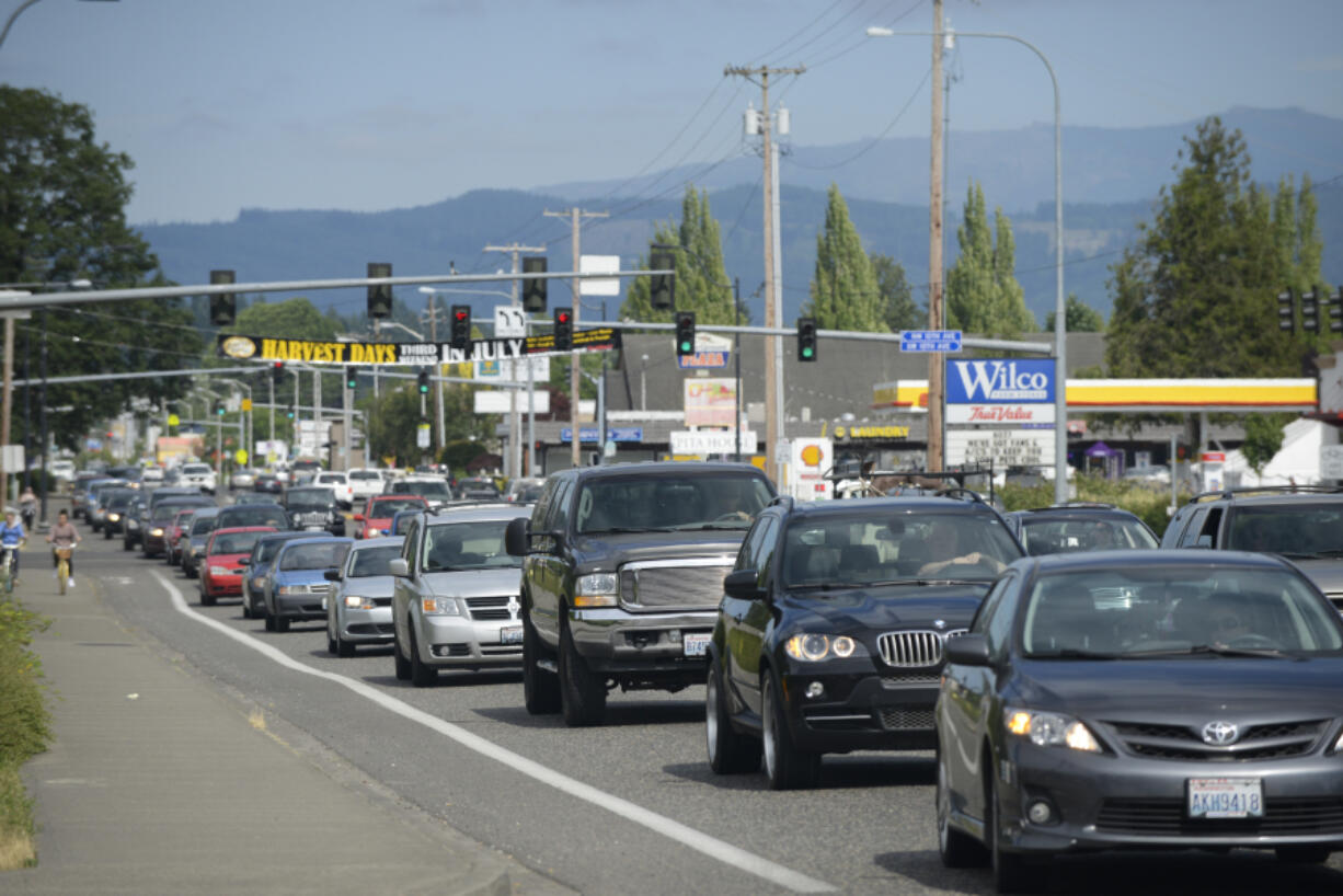 Traffic congestion is seen on West Main Street in Battle Ground near the intersection with Northwest 12th Avenue, where the city will remove a traffic light as part of its Congestion Relief Project, which will see changes around the city’s two state highways.