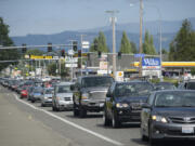 Traffic congestion is seen on West Main Street in Battle Ground near the intersection with Northwest 12th Avenue, where the city will remove a traffic light as part of its Congestion Relief Project, which will see changes around the city’s two state highways.