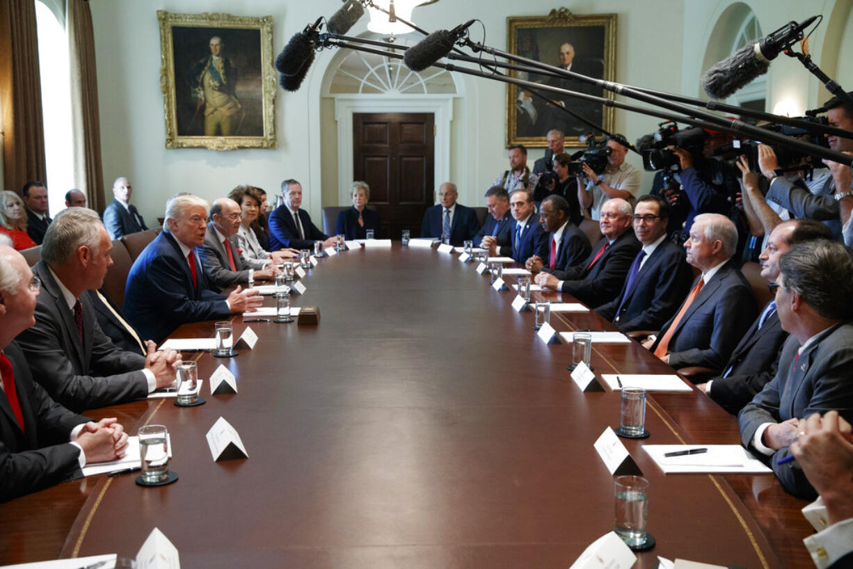 President Donald Trump speaks during a cabinet meeting in the Cabinet Room of the White House, Monday, July 31, 2017, in Washington.