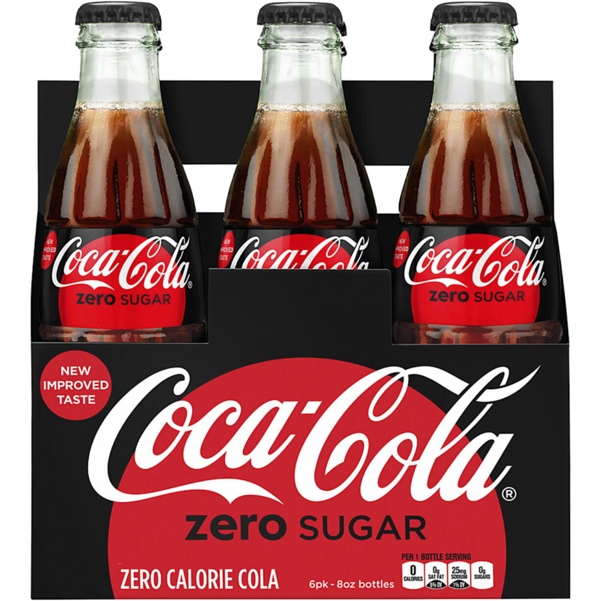 A six-pack of bottled Coca-Cola Zero Sugar.