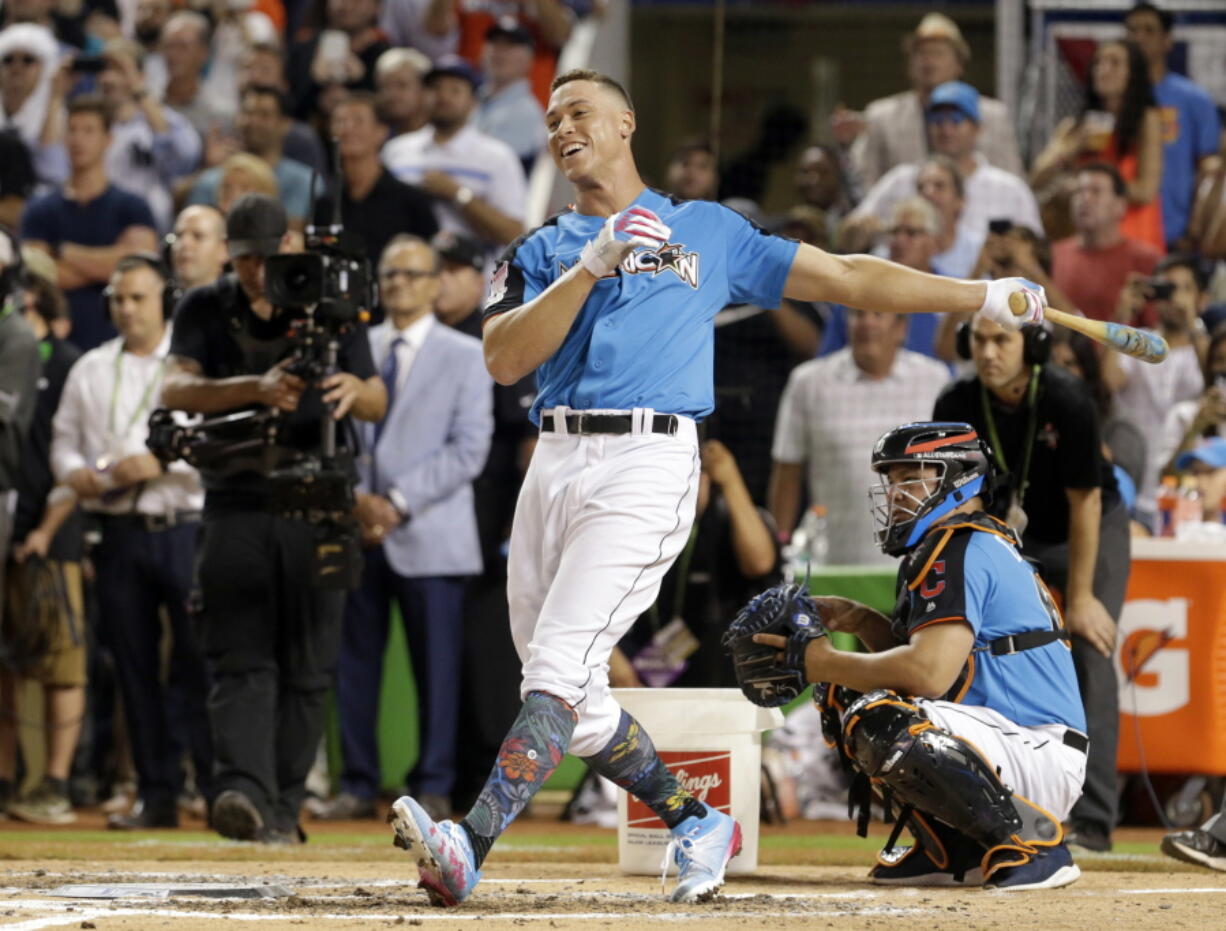 New York Yankees’ Aaron Judge smiles as he competes during the MLB baseball All-Star Home Run Derby, Monday, July 10, 2017, in Miami.