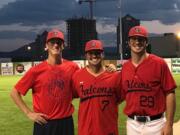 James Brooks, left, and Chase Wiger both Skyview High grads, and Alex McGarry, a Columbia River High grad are playing in Kelowna, British Columbia, for the Kelowna Falcons in the West Coast Colligate Baseball League.