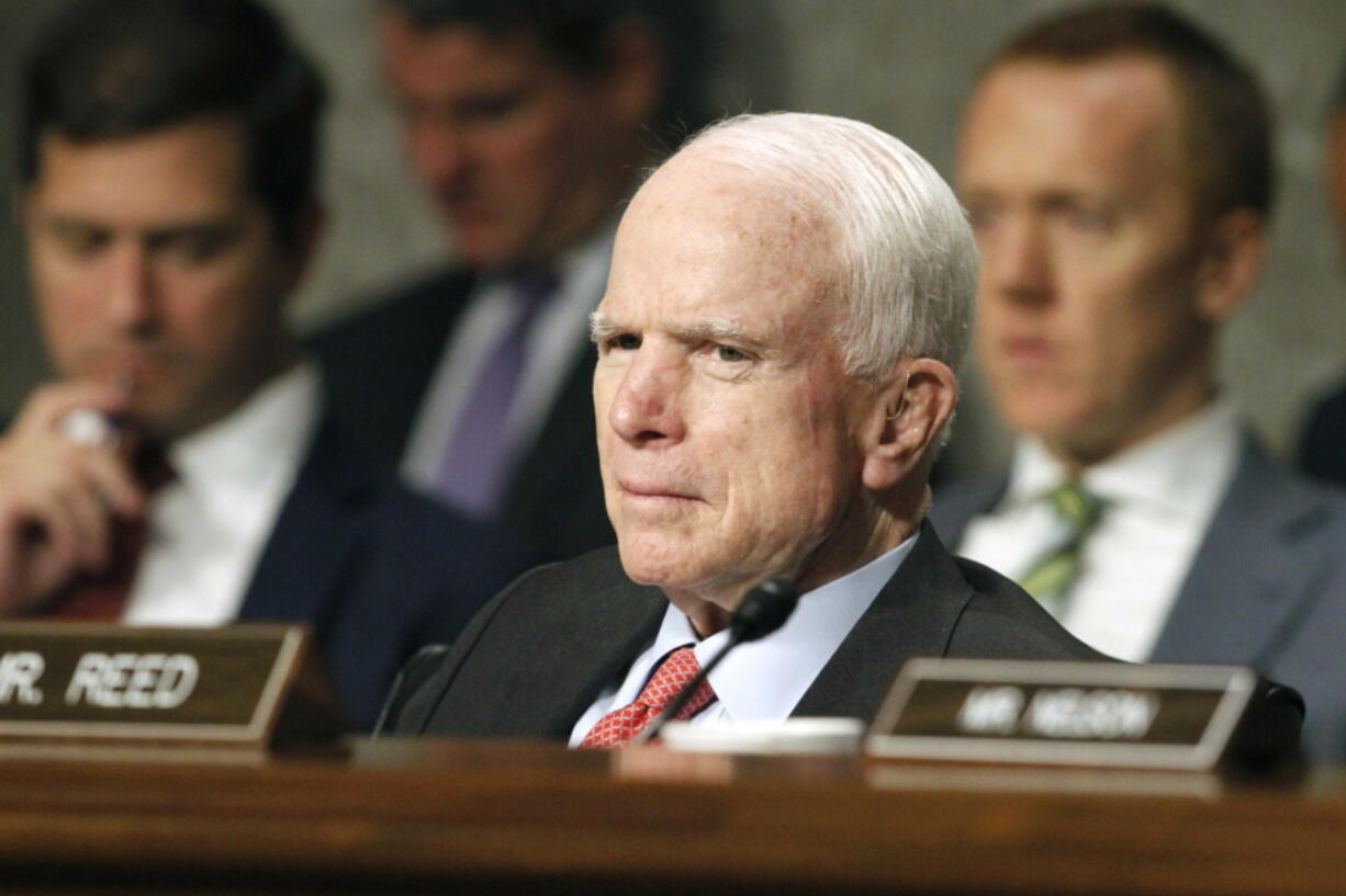 FILE - In this July 11, 2017 file photo, Senate Armed Services Committee Chairman Sen. John McCain, R-Ariz. listens on Capitol Hill in Washington, during the committee’s confirmation hearing for Nay Secretary nominee Richard Spencer. Surgeons in Phoenix said they removed a blood clot from above the left eye of McCain. Mayo Clinic Hospital doctors said Saturday, July 15 that McCain underwent a “minimally invasive” procedure to remove the nearly 2-inch (5-centimeter) clot, and that the surgery went “very well.” They said the 80-year-old Republican is resting comfortably at his home in Arizona. Pathology reports are expected in the next several days.