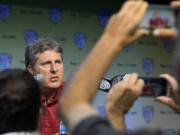 Washington State head coach Mike Leach speaks at the Pac-12 NCAA college football media day, Thursday, July 27, 2017, in the Hollywood section of Los Angeles. (AP Photo/Mark J.