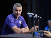 Washington head coach Chris Petersen speaks at the Pac-12 NCAA college football media day, Wednesday, July 26, 2017, in the Hollywood section of Los Angeles. (AP Photo/ Mark J.