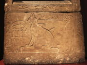 The sarcophagus for Prince Thutmose’s cat is seen at an exhibit in Seattle.