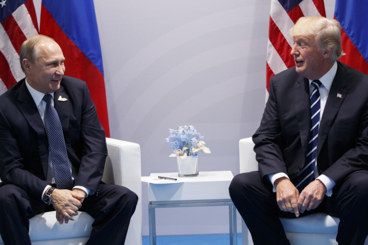 President Donald Trump meets with Russian President Vladimir Putin at the G20 Summit, Friday, July 7, 2017, in Hamburg.