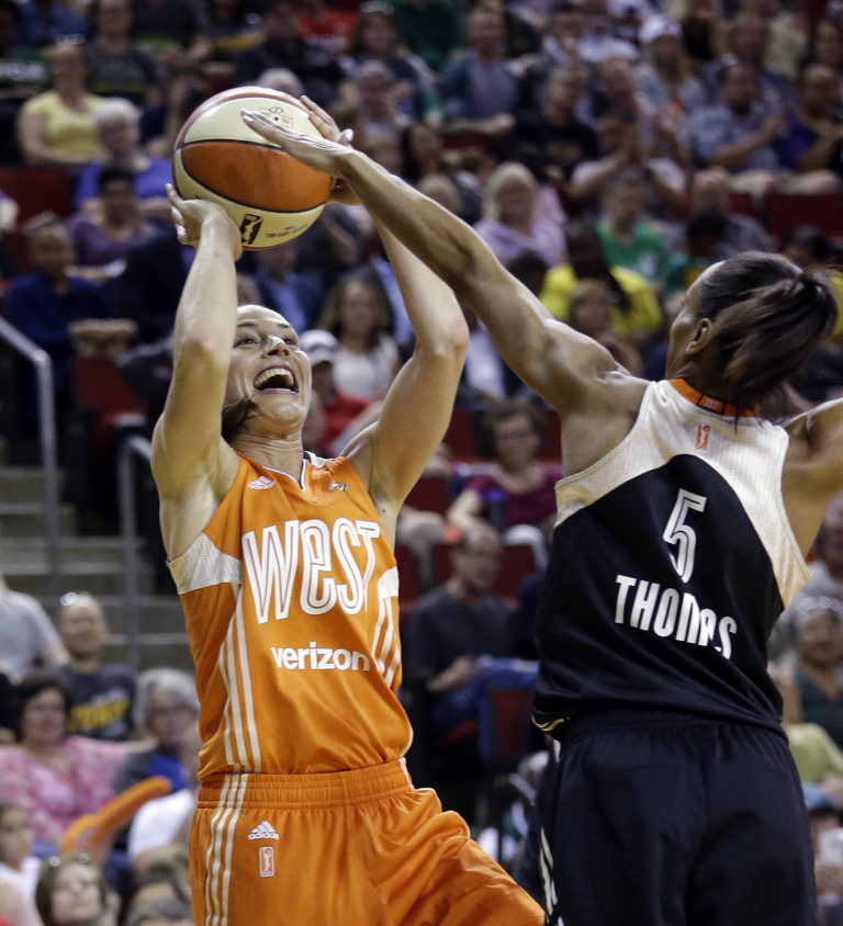 Western Conference's Sue Bird, of the Seattle Storm, shoots over Eastern Conference's Jasmine Thomas, of the Connecticut Sun, in the second half of the WNBA All-Star basketball game Saturday, July 22, 2017, in Seattle.