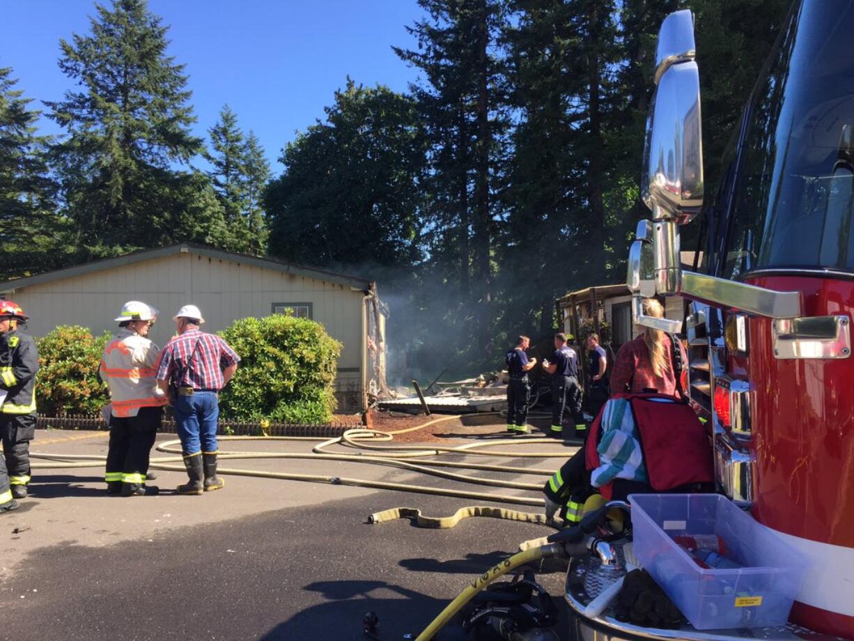 At least two mobile homes were damaged Tuesday afternoon in a fire near Hockinson.