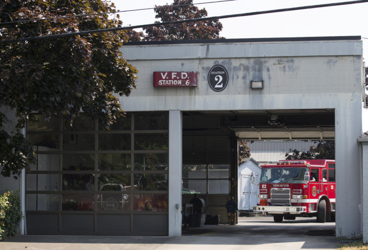 A fire truck arrives back at Vancouver Fire Department’s Fire Station 2 in the Shumway neighborhood. The station is one of two slated to be sold at the end of the year, and neighbors wonder what could replace it.