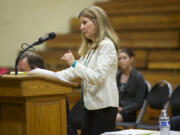 Anne Cruser argues a case before Washington State Court of Appeals Division II judges at Hudson’s Bay High School in 2015.