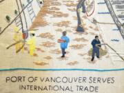 A panel in the Fort Vancouver Tapestry honors the Port of Vancouver. The 108-foot-long tapestry will be on display from Monday through Sunday, Aug. 27, in the Artillery Barracks.