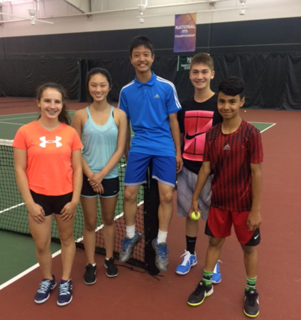 Club Green Meadows U14 Advance tennis team members include (from left) Miriam Nechiporuk, Elise Kang, Vincent Hsu, Rogue Stone, and Lu Abuizzah.