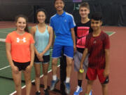 Club Green Meadows U14 Advance tennis team members include (from left) Miriam Nechiporuk, Elise Kang, Vincent Hsu, Rogue Stone, and Lu Abuizzah.