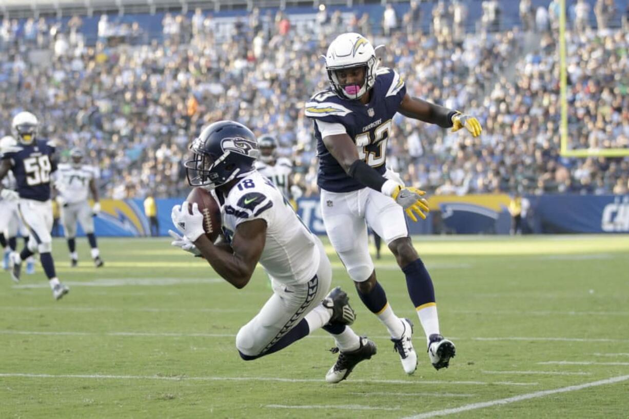 Seattle Seahawks wide receiver Kasen Williams (18) has made several acrobatic catches in two preseason games. Jae C.