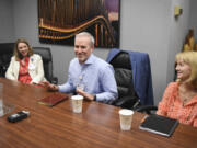 Dr. Robin Virgin, from left, a family medicine physician at PeaceHealth Medical Group, Sean Gregory, chief executive of PeaceHealth’s Columbia Network, and Debra Carnes, director of strategic communication and engagement at PeaceHealth, meet with The Columbian’s Editorial Board on Friday afternoon.