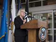 Sen. Patty Murray, D-Wash., speaks during Wednesday’s grand opening of the new VA primary care clinic in Vancouver. Later, she gave an interview in which she said she is concerned with President Donald Trump’s “hot rhetoric” surrounding North Korea.