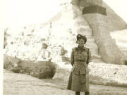 British army truck driver Inge Nierenberg in Egypt during World War II, in front of the Sphinx.