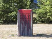 Jefferson Davis highway markers were vandalized at Jefferson Davis Park in Ridgefield, seen Friday afternoon.