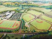 A rendering of the Ridgefield Outdoor Sports Complex, a joint project between the city and Ridgefield School District, which will feature six multi-purpose turf fields, trails, a playground and meeting space.