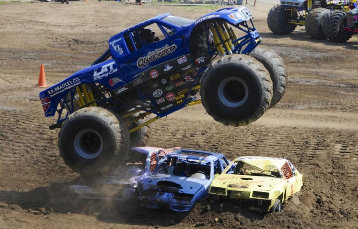 A monster truck crushes on the last day of the Clark County Fair.