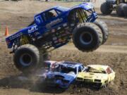 A monster truck crushes on the last day of the Clark County Fair.