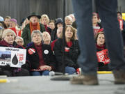 People opposed to the Vancouver Energy oil terminal project rally at a hearing in Vancouver in January 2016. On Monday, the Astoria (Ore.) City Council unanimously passed a resolution that specifically cited the proposed Tesoro Corp. and Savage Cos. terminal as a reason to oppose any proposed oil-by-rail projects along the Columbia River.