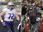 Five years after being teammates at Wenatchee High School, Trey Adams, left, and Cody O’Connell, right, are two of the best offensive linemen in the country: Adams at No. 8 Washington and O’Connell at No. 24 Washington State.