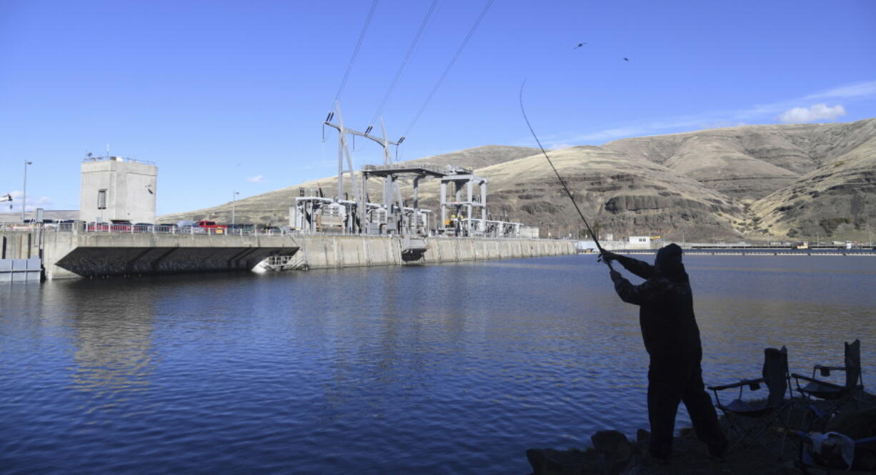 A man fishes for salmon in the Snake River in October above the Lower Granite Dam in Washington. A group that represents farmers says saving imperiled salmon is too costly.