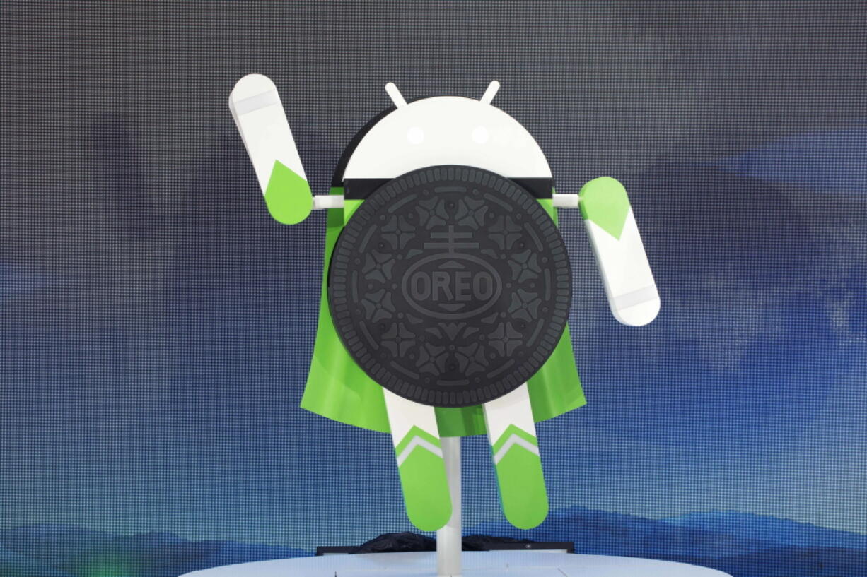 A sculpture of the Android 8.0 Oreo operating system is unveiled Monday in New York.