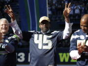 Former Seattle Seahawk Kenny Easley (45) is recognized during a halftime celebration of the team’s 40th anniversary, during an NFL football game against the Chicago Bears in Seattle in 2015. Easley will be the fourth Seattle Seahawks player inducted into the Hall of Fame.