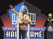 Kenny Easley delivers his speech during his induction at the Pro Football Hall of Fame on Saturday, Aug. 5, 2017, in Canton, Ohio.