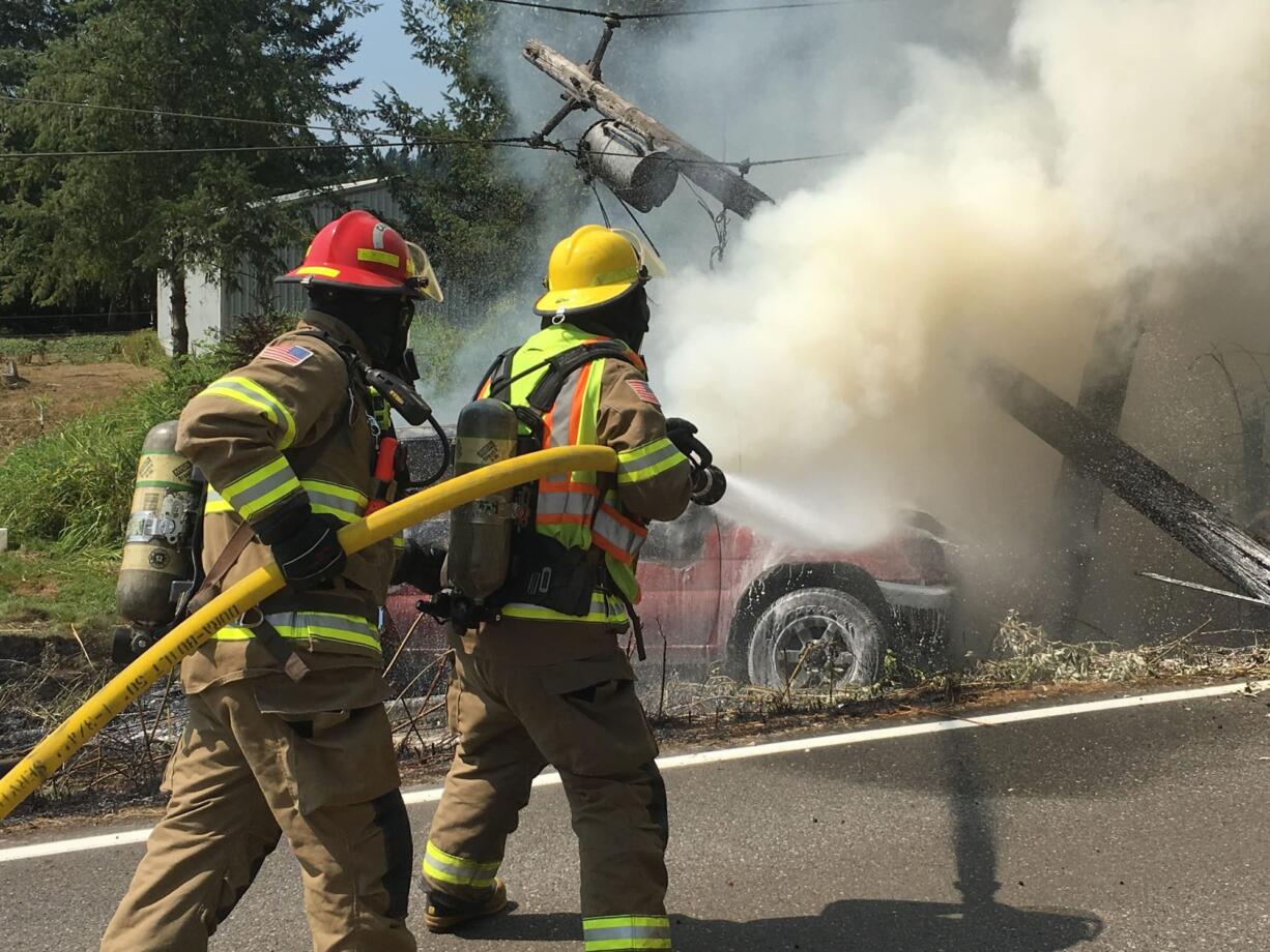 Officials suspect high speeds resulted in William Catron crashing his vehicle in Battle Ground on Tuesday. (Courtesy of Clark Co. Fire Dist.