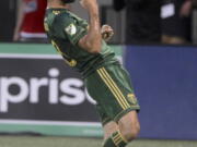 Portland Timbers' Diego Valeri (8) celebrates a goal against the Colorado Rapids during an MLS soccer match Wednesday, Aug. 23, 2017, in Portland, Ore.