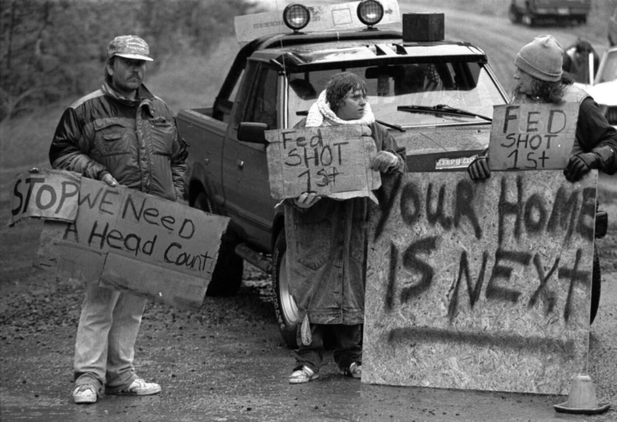 Randy Weaver supporters at Ruby Ridge in northern Idaho on Aug. 23, 1992. It’s been a quarter century since a standoff in the remote mountains of northern Idaho left a 14-year-old boy, his mother and a federal agent dead and sparked the expansion of radical right-wing groups across the country that continues to this day. (AP Photo/Jeff T.