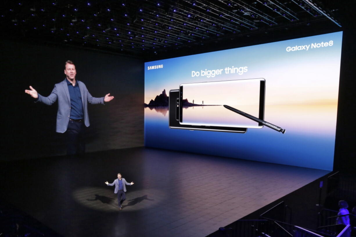 Justin Denison, vice president of strategy for Samsung Telecommunications America, talks about the company’s Galaxy Note 8, during the phone’s introduction, in New York, Wednesday, Aug. 23, 2017. Samsung is trying to move past last year’s disastrous Galaxy Note 7 launch with a successor sporting a dual-lens camera, animated messages, expanded note-taking and lower battery capacity.