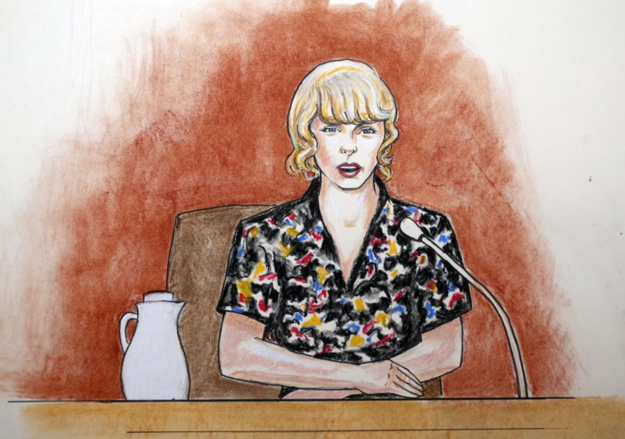 \In this Thursday, Aug. 10, 2017, file courtroom sketch, pop singer Taylor Swift speaks from the witness stand during a trial, in Denver. A jury on Monday, Aug. 14, was expected to weigh Swift’s allegation that a former radio host groped her during a meet-and-greet before a concert and whether the singer’s mother and her radio liaison later set out to destroy his career.