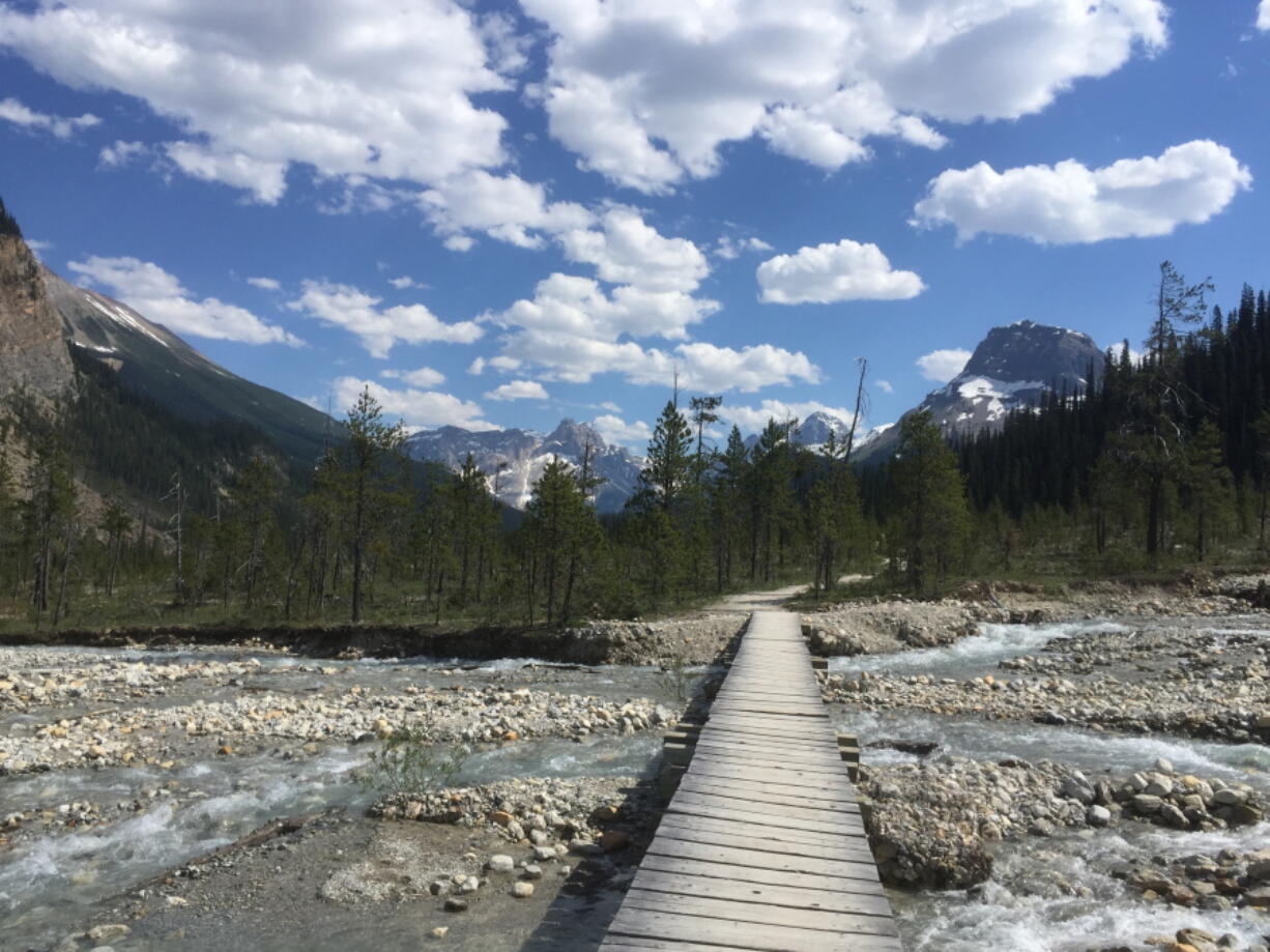 A bridge crosses a stream along the Iceline Trail in Yoho National Park in Canada’s stretch of the Rocky Mountains, straddling the border of British Columbia and Alberta. It is an outdoorsman’s paradise with scenic mountain hikes and crystal-blue water.