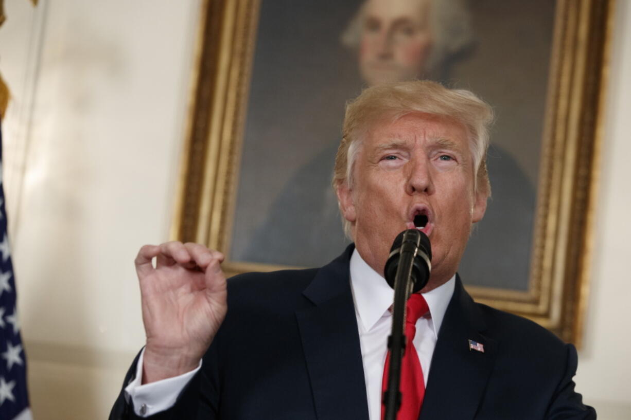 President Donald Trump speaks in front of a portrait of George Washington, in the Diplomatic Room of the White House in Washington. Both were great generals. Both Virginians. Both came from slave-owning plantation families. Is it really so far-fetched to put Robert E. Lee in the same category as George Washington, as President Donald Trump suggested Tuesday, Aug. 15, 2017?