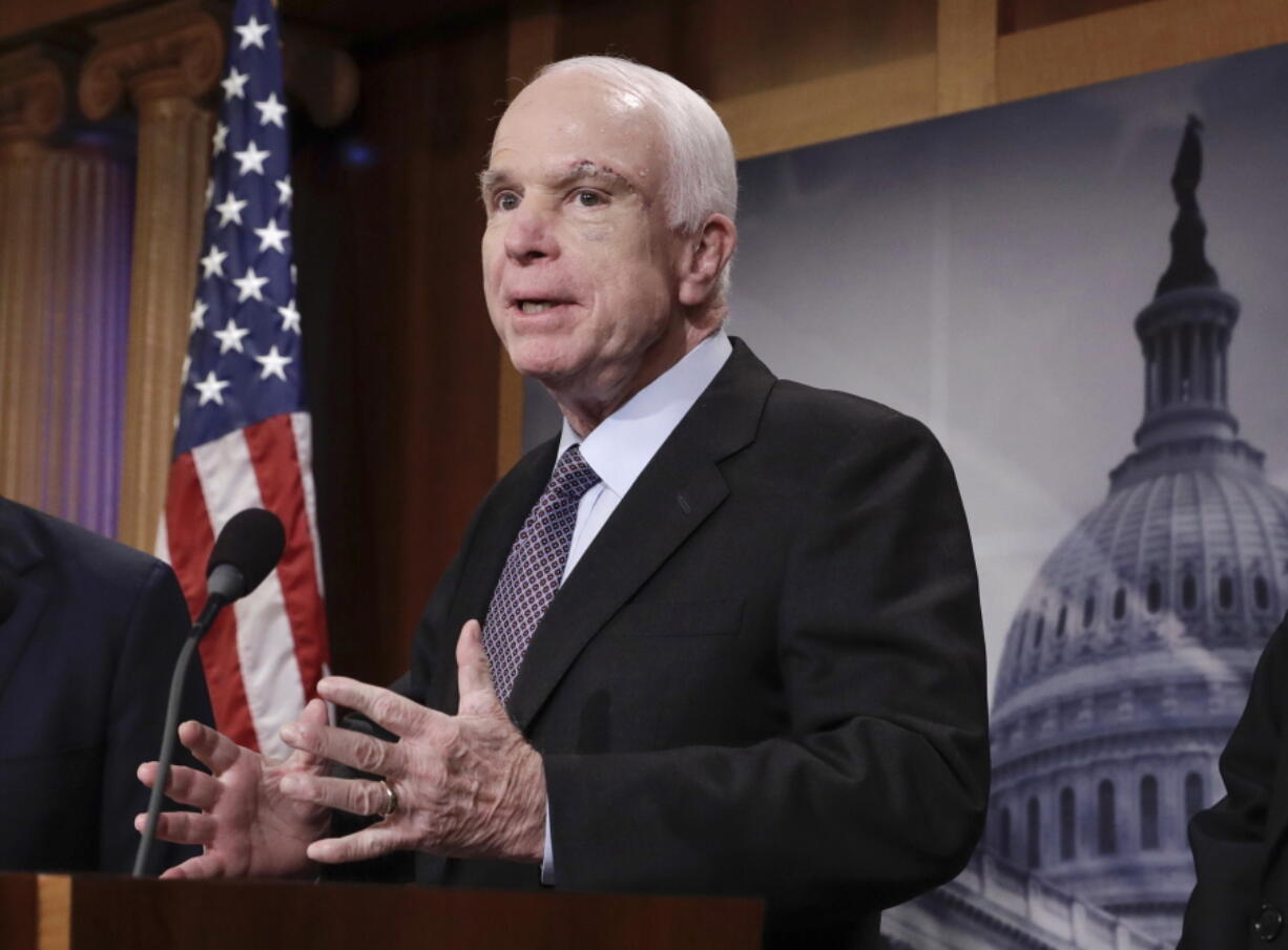 Senate Armed Services Committee Chairman Sen. John McCain, R-Ariz. speaks on Capitol Hill in Washington. McCain is proposing a new “strategy for success” in Afghanistan. He’s calling for increasing the number of U.S. counterterrorism forces and giving them a freer hand to target the Taliban, Islamic State and other terrorist groups. (AP Photo/J.