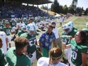 Mountain View head coach Adam Mathieson talks to his team during game vs. Ferris on Saturday afternoon at McKenzie Stadium.